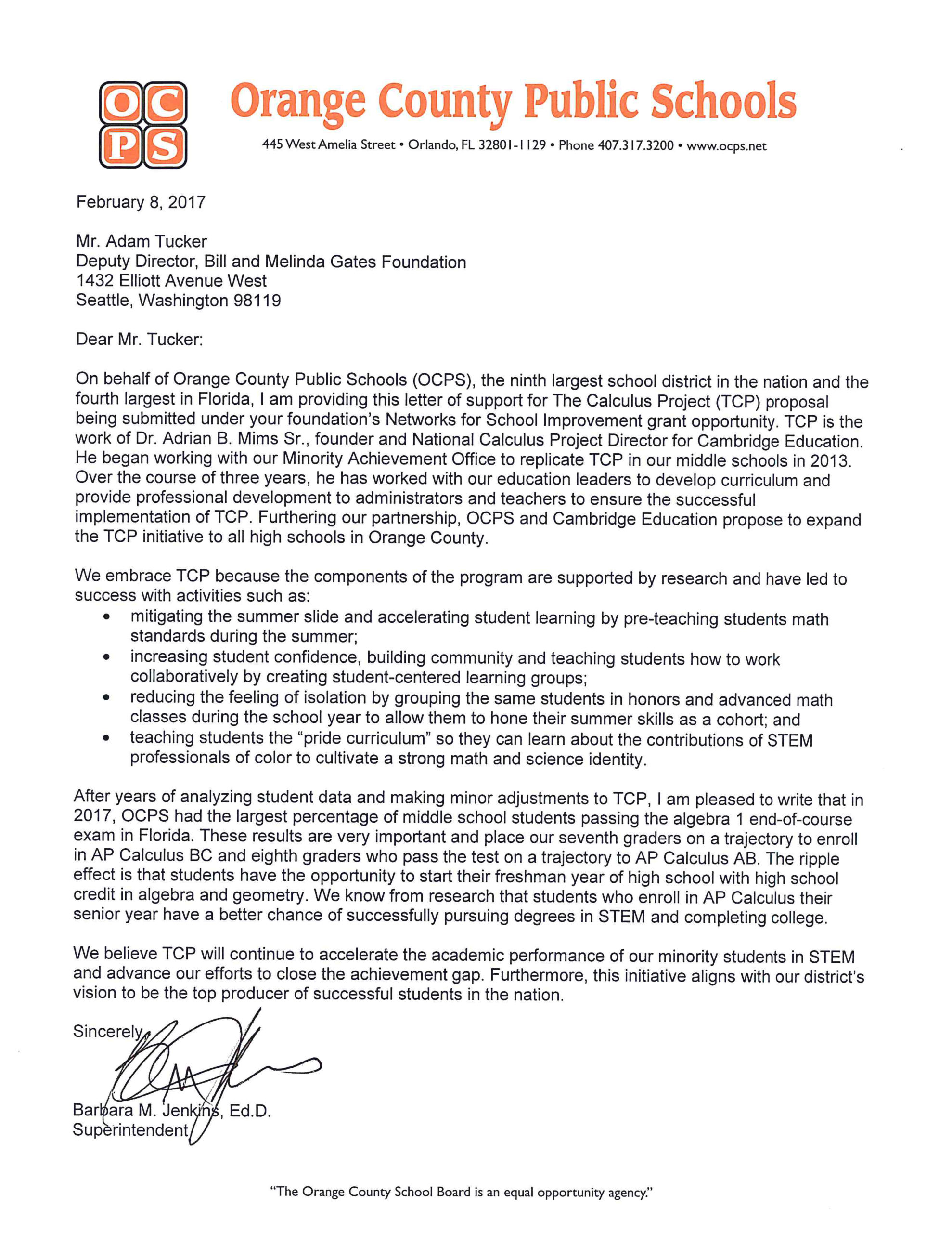Letter of Support from Orange County Public Schools